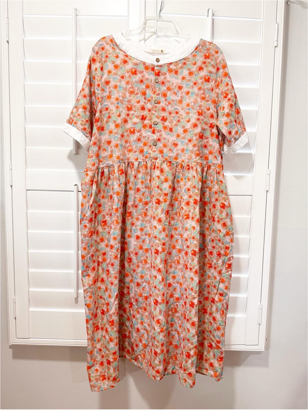 Bee Studio Linen Cotton Floral Midi Dress Pockets Cottagecore Boho OS Lightweigh